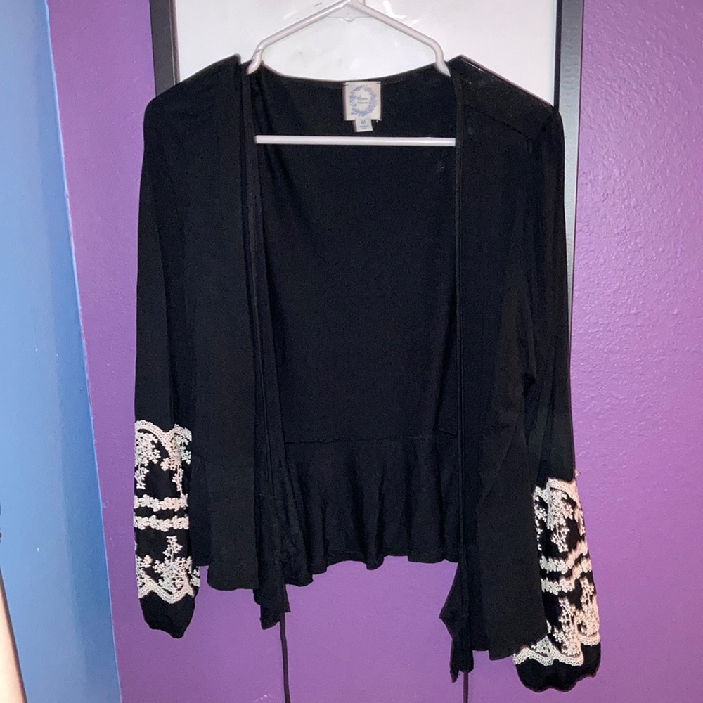 Blue rain medium top open front black embroidered